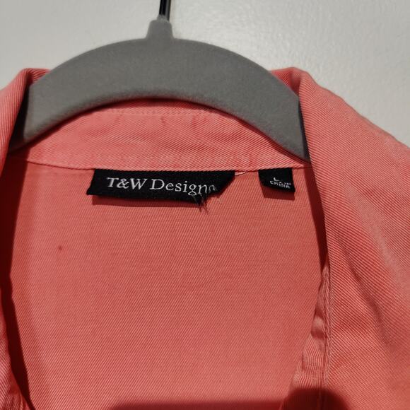T&W Designs Women's Sz L Salmon Peach Tunic Button Up Shirt Tencel Front Tie - Picture 2 of 7